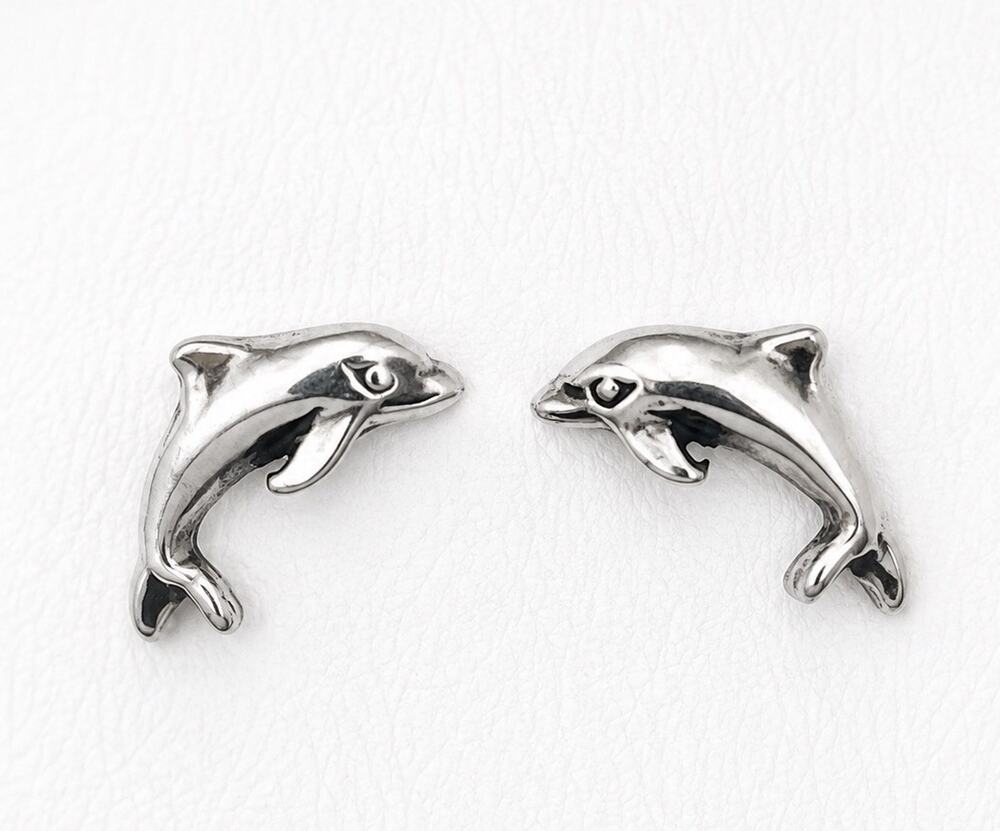 Vintage Kabana KBM Sterling Silver Dolphin Stud Earrings Signed Marine Animal